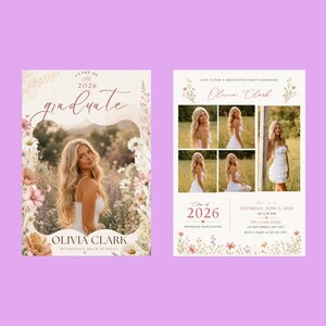 May include: Graduation announcement featuring a photo of Olivia Clark, surrounded by floral accents. The text reads "Class of 2026 graduate" and includes details for a graduation party on June 4, 2026, at 4:30 PM.