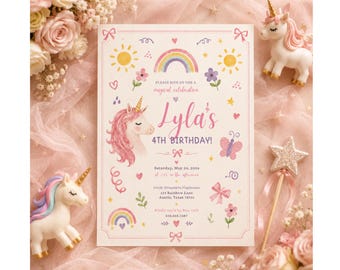 May include: A rectangular birthday invitation card featuring a pink unicorn illustration, a rainbow, suns, flowers, and butterflies. The text reads: Please join us for a magical celebration, Lyla's 4th Birthday, Saturday, May 24, 2026, at 2:00 in the afternoon, Little Dreamers Playhouse, 123 Rainbow Lane, Austin, Texas 78701, Kindly reply by May 10th, 512.555.1207.