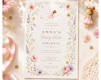 Fairy First Birthday Invitation, Custom Invitation, Editable Canva Template, Fairy Birthday Invite, Enchanted Garden Party