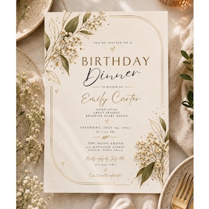 Convite elegante para jantar de aniversário, convite para festa de aniversário de adulto, aniversário com tema floral botânico, jantar minimalista, modelo editável do Canva