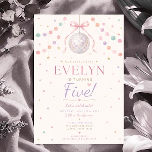 May include: A rectangular birthday invitation card featuring a disco ball with a pink bow, pastel-colored garlands, and gold stars. The text reads: Our Little Star Evelyn is turning Five! Let's celebrate! Saturday, July 12th, 2026, 2:00 in the afternoon.