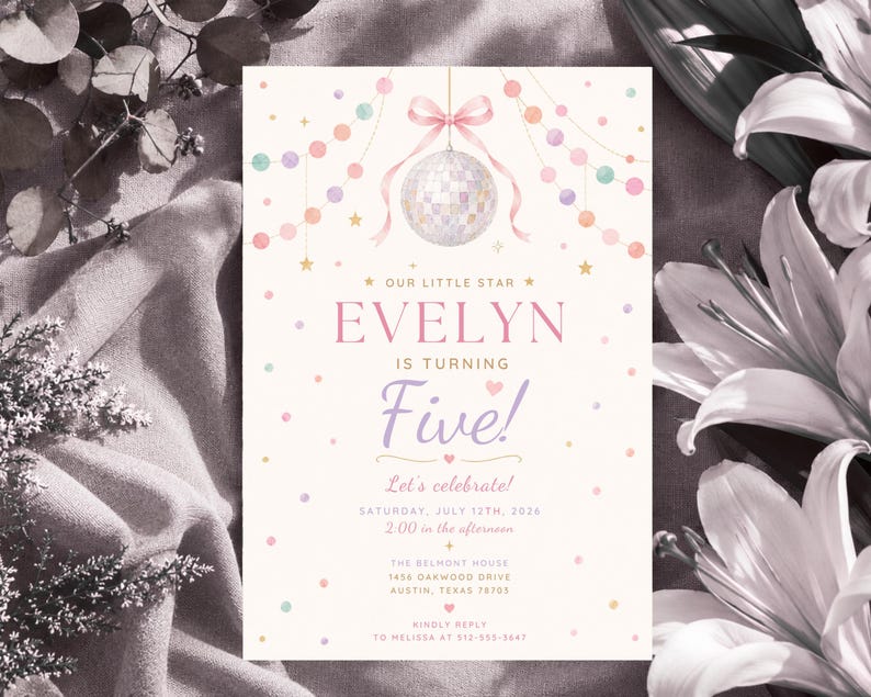 May include: A rectangular birthday invitation card featuring a disco ball with a pink bow, pastel-colored garlands, and gold stars. The text reads: Our Little Star Evelyn is turning Five! Let's celebrate! Saturday, July 12th, 2026, 2:00 in the afternoon.