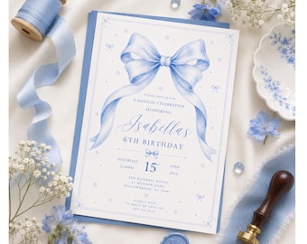 Invitación de cumpleaños con lazo azul, invitación coqueta para fiesta de cumpleaños, plantilla elegante con cinta para cumpleaños, descarga editable en Canva.
