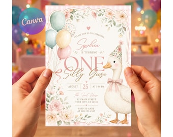 Invitación de primer cumpleaños con diseño de ganso rosa y flores, fiesta de gansos en acuarela, cumpleaños editable en Canva, primer cumpleaños de niña, descarga digital.
