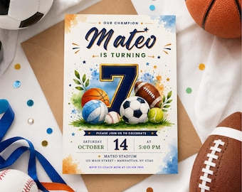 Invitación de cumpleaños número 7 de nuestro campeón, invitación para fiesta deportiva All Star, cumpleaños multideportivo, descarga de plantilla de Canva