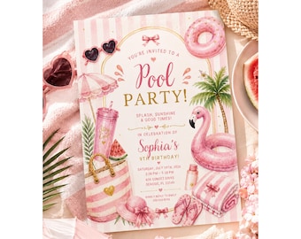Pool Party Birthday Invitation, Pool Birthday Party Invite, Summer Birthday, Pink Flamingo Pool Party, Editable Canva Template