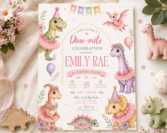 Invitación de cumpleaños con temática de dinosaurios, invitación de cumpleaños para niña con dinosaurios, fiesta de dinosaurios en tonos pastel rosas, plantilla editable de Canva Evite.