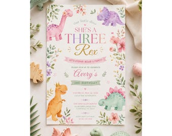 Girl Dinosaur Birthday Invitation, Pink Dinosaur Party Invite, Pastel Dino Birthday, Watercolor Floral Dino, Editable Canva Template