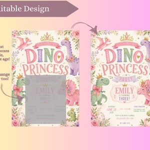May include: A digital invitation template featuring watercolor illustrations of dinosaurs wearing crowns, flowers, and the text DINO PRINCESS PARTY EMILY IS TURNING THREE. The design includes editable grey boxes for event details on a cream background.