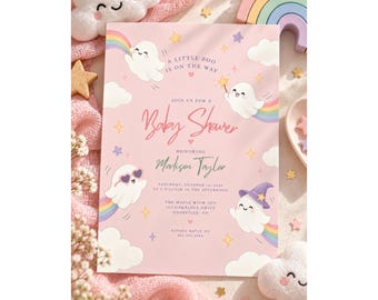 Halloween Baby Shower Invitation, Editable Canva Template, Ghost Baby Shower Invite, Pastel Rainbow Baby Shower, Whimsical Custom Invitation