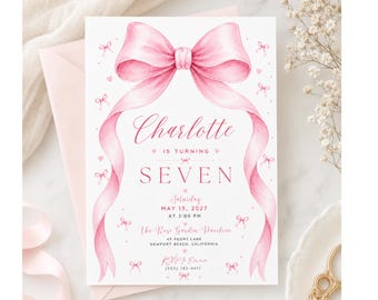 Invito di compleanno con fiocco rosa ad acquerello, invito di compleanno con nastro civettuolo, invito per festa con fiocco rosa, modello Canva per compleanno da bambina in tonalità pastello