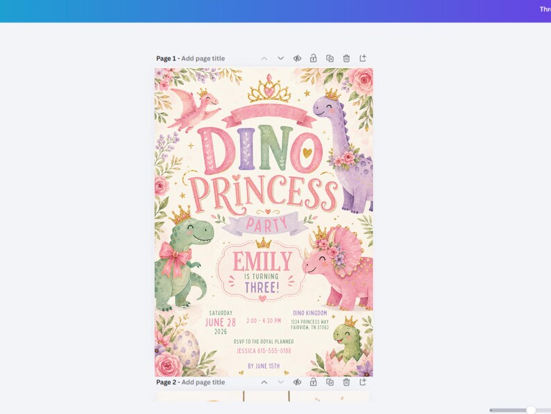 May include: A party invitation featuring watercolor illustrations of dinosaurs wearing gold crowns and floral wreaths. The text reads DINO PRINCESS PARTY, EMILY IS TURNING THREE, along with event details including Saturday June 28, 2036, 2:00-4:30 PM, 1234 Princess Way, Fairview, TN 37062, and RSVP information.