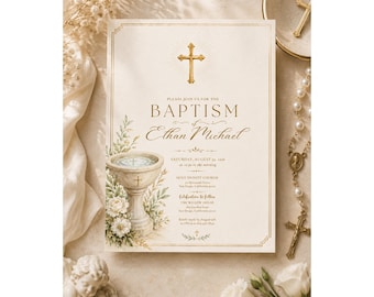 Baptism Invitation for Baby Boy, Christening Invitation, Catholic Baptism Invite, Watercolor Baptism Invitation, Canva Template