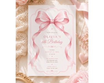 Pink Bow Birthday Invitation, Flirty Birthday Party Invite for Girls, Pink Ribbon Party, Editable Canva Template, Feminine 6th Birthday