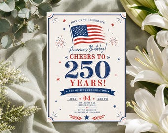 Mall för Amerika 250-inbjudan, redigerbar patriotisk inbjudan i Canva, 250-årsfirande, inbjudan till självständighetsdagen, direktnedladdning