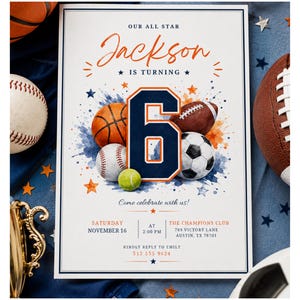 Puede incluir: Una tarjeta de invitación de cumpleaños rectangular con el texto 'OUR ALL STAR Jackson IS TURNING 6' en naranja y azul marino. El diseño incluye ilustraciones en acuarela de un balón de baloncesto, béisbol, fútbol americano, fútbol y tenis.
