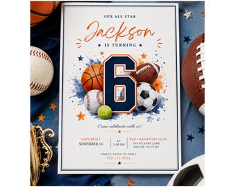 Sports Birthday Invitation, All Star Birthday Invite, Sports Party Invitation, Basketball Football Baseball Soccer Editable Canva Template