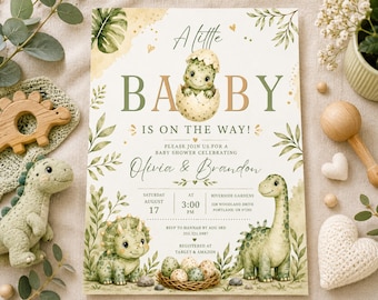 ¡Un bebé viene en camino! Invitación para baby shower de dinosaurios, invitación de huevo de dinosaurio para bebé, invitación electrónica para baby shower de parejas, plantilla de Canva
