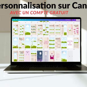 May include: A laptop displaying a Canva design interface with various templates. The screen shows a grid of colorful designs with text and graphics. The text at the top says "Personnalisation sur Canva" and "AVEC UN COMPTE GRATUIT".