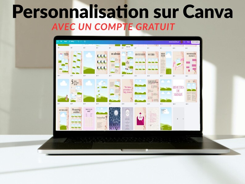 May include: A laptop displaying a Canva design interface with various templates. The screen shows a grid of colorful designs with text and graphics. The text at the top says "Personnalisation sur Canva" and "AVEC UN COMPTE GRATUIT".