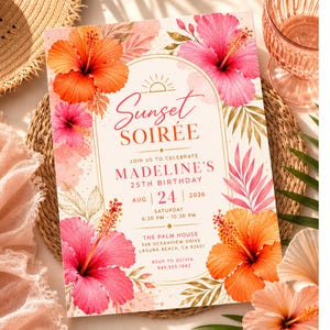 Sunset Soirée Birthday Invitation, Tropical Hibiscus Party Invite, Pink Orange Floral Birthday, Editable Canva Download