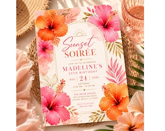 Invitación de cumpleaños al atardecer, invitación para fiesta de hibiscos tropicales, cumpleaños floral rosa y naranja, descarga editable de Canva