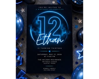 12th Birthday Invitation, Teen Boy Birthday Party, Neon Blue Birthday Invite, Modern Birthday Invitation, Editable Canva Template
