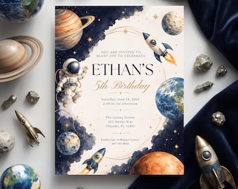 Space Birthday Invitation, Watercolor Outer Space Party Invite, Astronaut Rocket Editable Canva Template, Boy Galaxy Birthday Invite Themes!