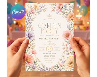 Invitación de cumpleaños con flores silvestres en acuarela, invitación editable para fiesta en el jardín, plantilla de Canva, invitación de cumpleaños imprimible, descarga digital.