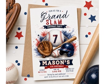 ¡Es hora de jugar béisbol! Invitación de cumpleaños, invitación para fiesta deportiva, plantilla de cumpleaños con edad editable, descarga editable en Canva.