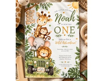 Safari 1st Birthday Invitation, Wild One Birthday Invite, Watercolor Jungle Animals, Boy First Birthday Party, Editable Canva Template, Baby