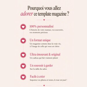May include: A light beige graphic with text in French. The text includes phrases like "Why you'll love this magazine template?" and describes features such as personalization, a unique format, and ease of creation.