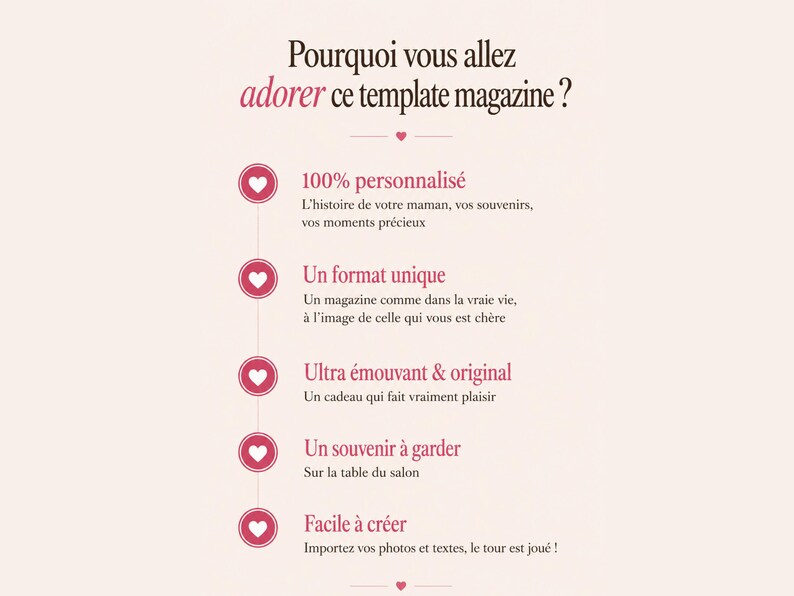 May include: A light beige graphic with text in French. The text includes phrases like "Why you'll love this magazine template?" and describes features such as personalization, a unique format, and ease of creation.