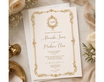 Plantilla de invitación de boda de lujo, invitación de boda con marco dorado vintage, elegante descarga en Canva.