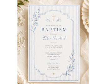 Blue Baptism Invitation for Boy, Watercolor Baptism Invite, Catholic Christening Invitation, Elegant Editable Canva Template, French Vintage