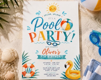Pool Party Birthday Invitation, Custom Invite, Editable Canva Template, Summer Swim Birthday Invitation, Printable Digital Download