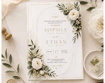 Plantilla de invitación de boda floral, elegante invitación de boda botánica, descarga de plantilla de arco de vegetación en Canva