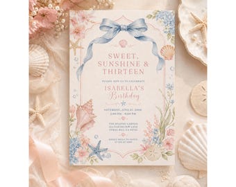 Coquette Beach Birthday Invitation Editable Canva Template Coastal Birthday Party Invite Seashell Bow Watercolor Ocean Floral Sweet Invite