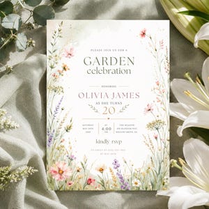 Wildflower Garden Party Invitation, Floral Birthday Invite, Editable Canva Template, 16th 18th 21st Birthday Digital Download
