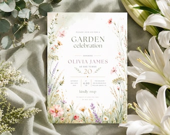Invitación para fiesta en un jardín de flores silvestres, invitación de cumpleaños floral, plantilla editable de Canva, descarga digital para cumpleaños de 16, 18 y 21 años.