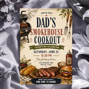 May include: A rectangular invitation card for a Dad's Smokehouse Cookout featuring illustrations of a grill, BBQ tools, corn, steak, and a burger. The text reads: Join us for a Dad's Smokehouse Cookout, Father's Day Celebration, Saturday, June 21, 12:30 PM.