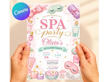 Invitación para fiesta de cumpleaños en un spa, invitación editable en Canva para fiestas de mimos, invitación de cumpleaños en un spa con lazo rosa, plantilla para fiesta de spa para niñas, descarga digital.