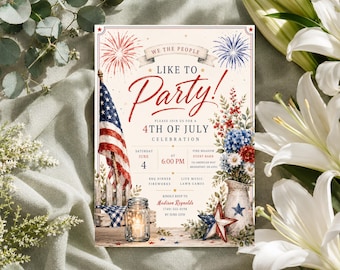 4th of July Party Invitation Template, Editable Patriotic BBQ Invite,  USA Summer Picnic Invite, Printable Invitation Instant download