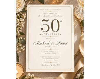 50th Anniversary Invitation, Golden Anniversary Party Invite, Elegant Vintage Wedding Anniversary, Editable Canva Template, Printable Invite