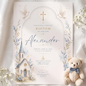 Peut inclure: Une carte d'invitation au baptême pour Alexander avec une église à l'aquarelle, deux colombes blanches et une croix dorée. Le texte indique la date du dimanche 22 juin 2026, à 11h00, Saint Patrick Church, 789 Oak Grove Road, Bellevue, WA 98004.