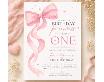 Invito di compleanno "Girls Just Wanna Be ONE", invito per il primo compleanno con fiocco rosa, festa a tema civettuolo, modello Canva modificabile.