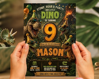 Plantilla de invitación de cumpleaños de dinosaurios, invitación para fiesta de cumpleaños de dinosaurios, invitación de cumpleaños de dinosaurios para niño, fiesta jurásica, plantilla editable de Canva