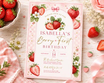 Plantilla de invitación de primer cumpleaños con temática de bayas, invitación para fiesta de primer cumpleaños con fresas, invitación de cumpleaños con dulces bayas, plantilla editable de Canva.