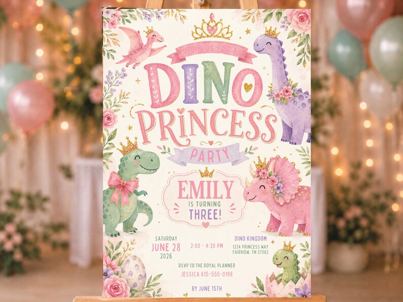 May include: A rectangular party invitation featuring watercolor illustrations of dinosaurs wearing gold crowns and floral accents. The text reads DINO PRINCESS PARTY, EMILY IS TURNING THREE, SATURDAY JUNE 28 2026, 2:00-4:30 PM, DINO KINGDOM, 1234 PRINCESS WAY, FAIRVIEW, TN 37062.