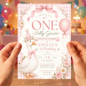 Silly Goose 1st Birthday Invitation Template | Pink Gingham One Silly Goose Party Invite, Baby Girl First Birthday, Editable Canva Download